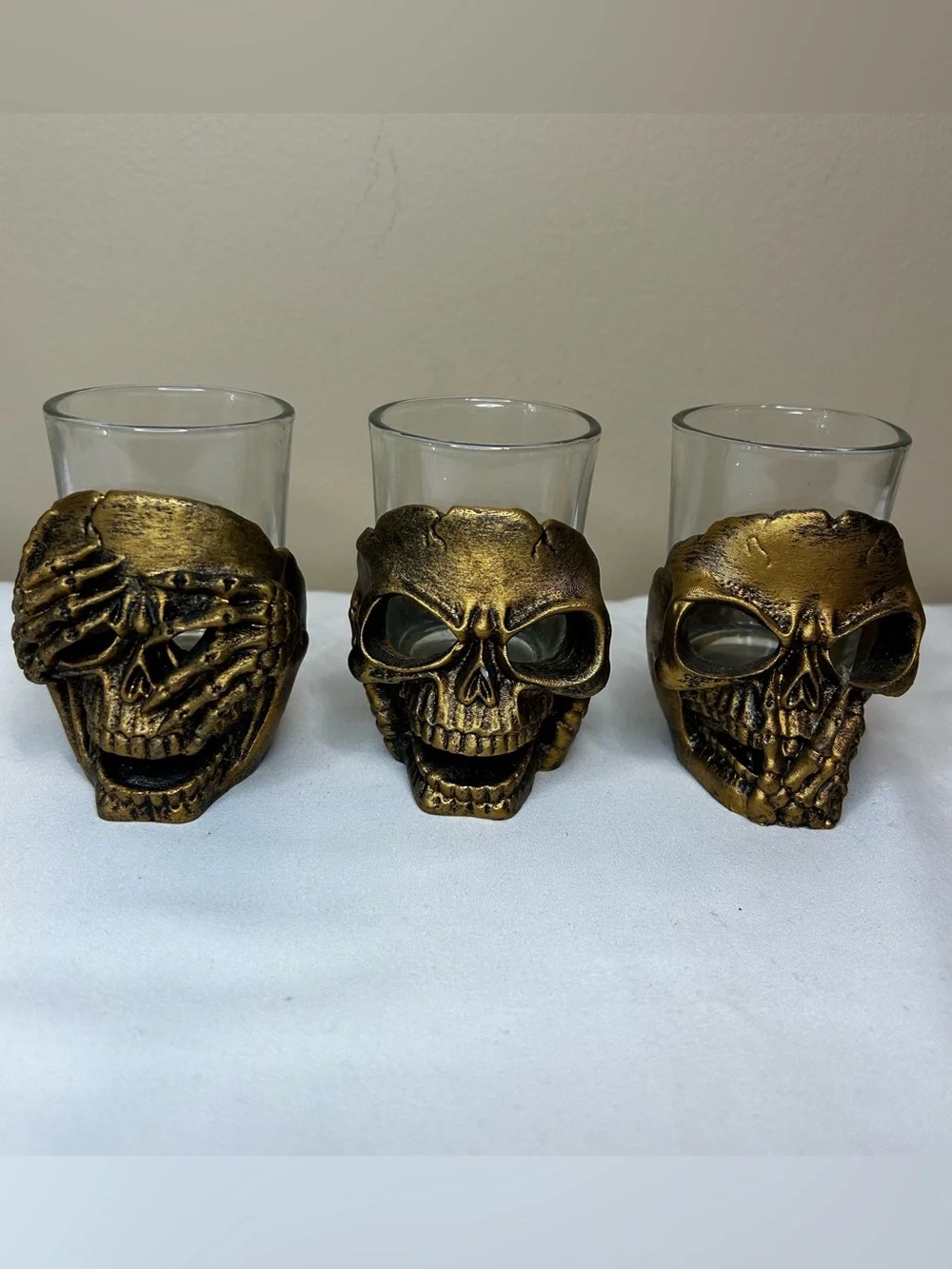 Gold-Tone Skull Candle Holders - See, Hear, & Speak No Evil.